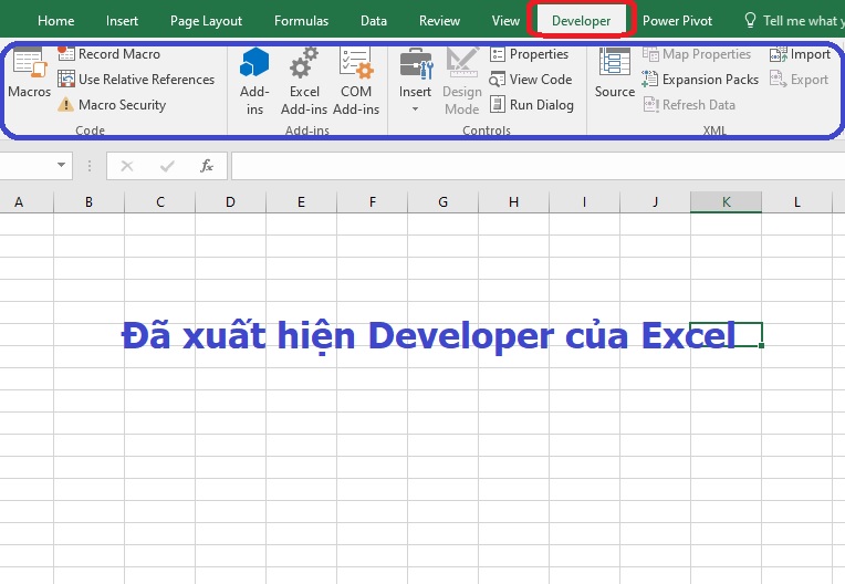  Thanh Developer của Excel đã xuất hiện