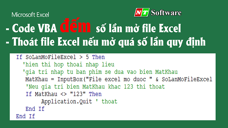 Code VBA đếm số lần mở file Excel, thoát file Excel nếu mở quá số lần quy định